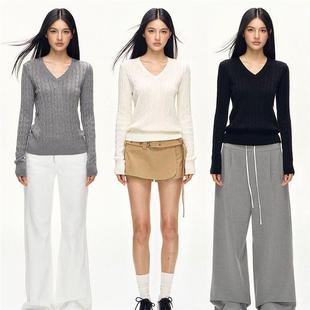 101PASSION V领麻花毛衣女早秋韩系氛围感内搭打底修身针织衫上衣