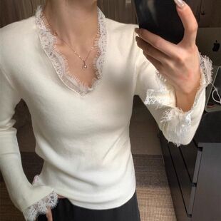 绝美法式气质蕾丝v领打底衫女秋冬喇叭袖上衣高级感针织毛衣内搭
