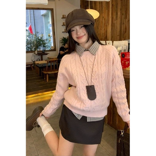 宋正恩粉色圆领套头宽松针织厚毛衣冬季女新款慵懒高级感外穿上衣