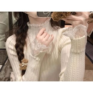 法式白色针织衫拼接蕾丝皮草内搭女秋冬显瘦半高领毛衣打底衫上衣
