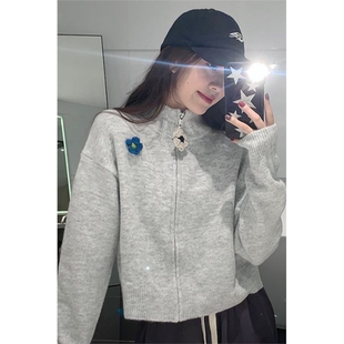 独特灰色毛衣半高领外套女早秋高级感慵懒风短款显瘦拉链针织开衫