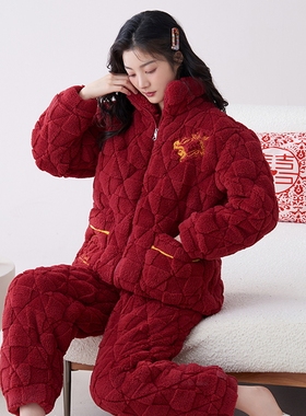 加长版175-180CM高个子女士大红色冬季加厚珊瑚绒夹棉家居服棉衣