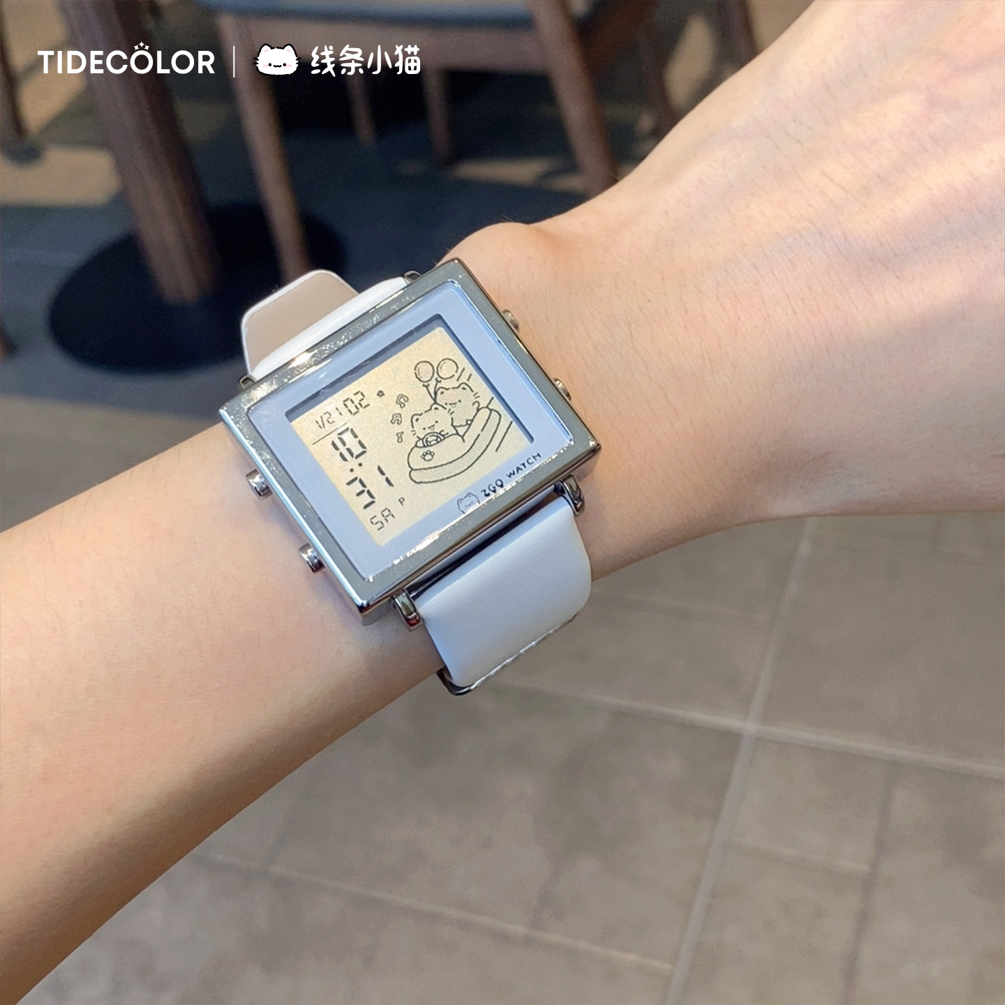 线条小猫联名多功能电子表女生