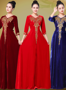 新款合唱团演出服气质晚礼服女长裙中老年学生红歌指挥歌咏比赛服