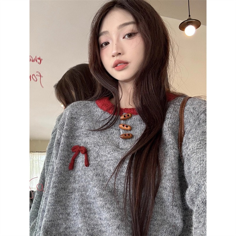 复古灰色毛衣女秋冬2025新款宽松韩系慵懒风高级感短款针织衫上衣