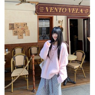 圈圈纱粉色慵懒宽松毛衣女秋冬小众设计感休闲韩系套头针织衫上衣