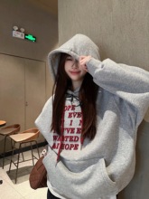 加绒连帽美式卫衣外套女秋冬设计感小众字母印花慵懒宽松加厚上衣