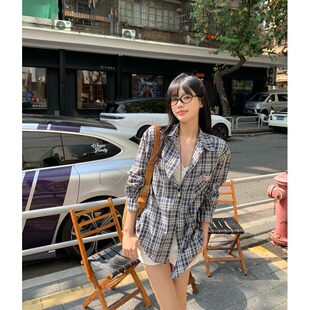 宽松长袖格子衬衫外套女设计感春装慵懒休闲防晒衬衣早春韩系上衣