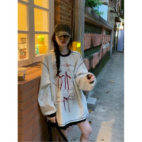 高级感复古猫咪印花圆领卫衣女春秋新款韩系慵懒风休闲宽松上衣
