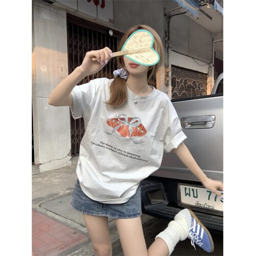 小众别致设计感蝴蝶结印花短袖T恤女夏季韩系宽松休闲甜美上衣