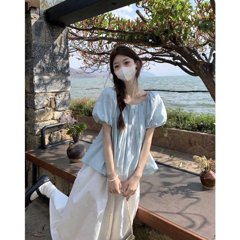 慵懒风休闲法式泡泡袖蓝色短袖衬衫女夏款宽松韩系小个子短款上衣