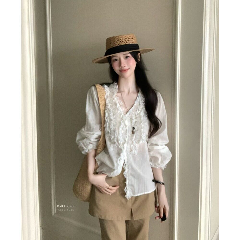 法式气质白色V领衬衫上衣女春夏季宽松休闲慵懒长袖薄开衫衬衣图片