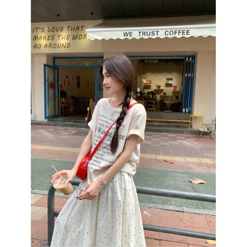 韩版宽松圆领短袖T恤女2024夏季款小众字母印花半袖体恤显瘦上衣
