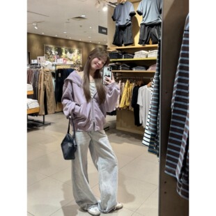 香芋紫连帽拉链开衫薄款卫衣外套女秋冬季慵懒松弛宽松休闲上衣