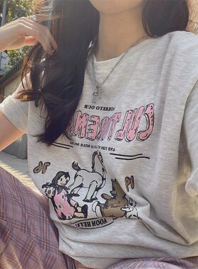 小熊印花纯棉短袖T恤女夏2026新款宽松慵懒休闲韩系半袖体恤上衣
