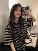 宽松休闲慵懒松弛半袖 2026新款 上衣 t恤女夏季 黑色条纹纯棉短袖