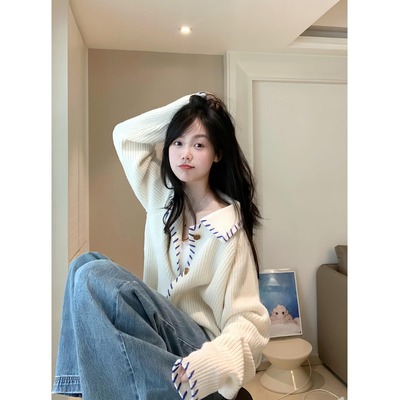 松弛感慵懒风毛衣秋冬女小个子撞色宽松加厚韩系针织开衫外套上衣