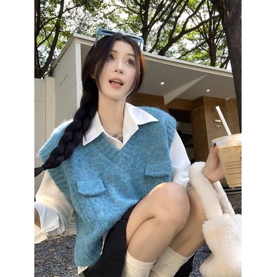 V领针织毛衣马甲背心女款2024新款春秋韩版宽松慵懒内搭叠穿衬衫