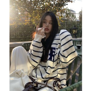 慵懒风套头针织毛衣女秋冬季 复古条纹宽松温柔韩系上衣 2025新款
