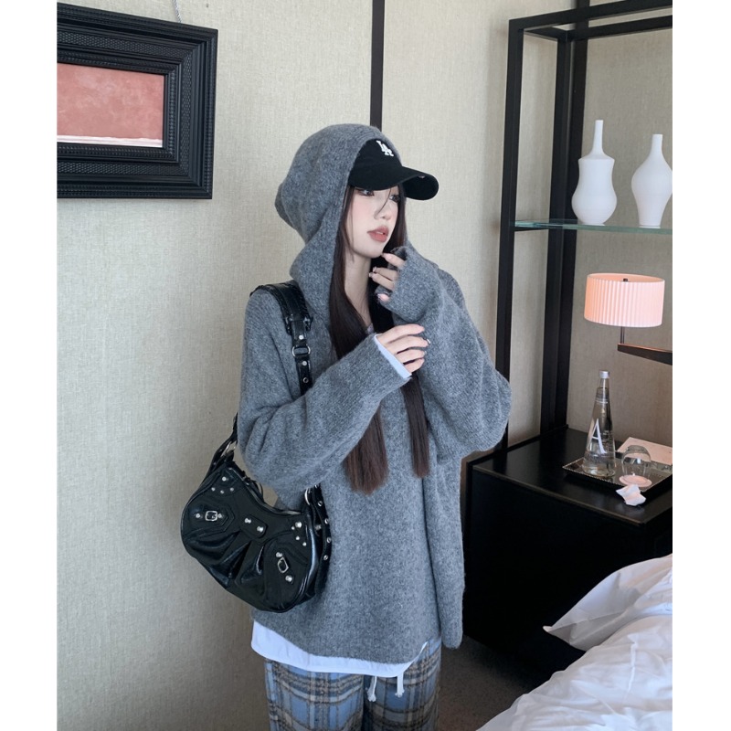 韩系慵懒风连帽套头毛衣外套女秋冬2025新款宽松灰色针织衫上衣