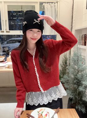 高级感法式复古红色毛衣外套女秋冬韩系宽松百搭蕾丝针织开衫上衣