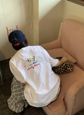 小狗字母刺绣白色纯棉正肩短袖T恤女夏季宽松百搭休闲半袖上衣