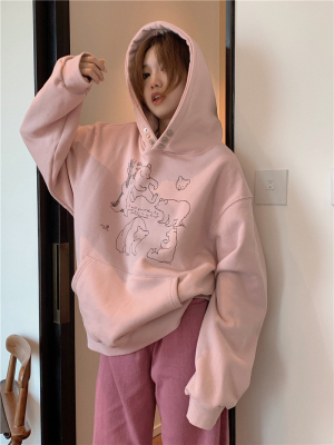 韩系慵懒风连帽粉色卫衣外套女秋冬加绒加厚宽松休闲小众设计上衣