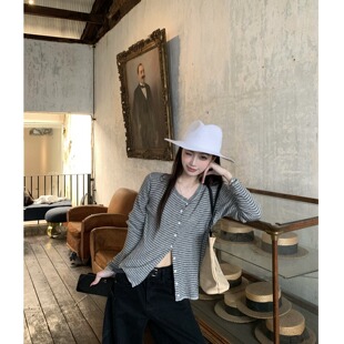 休闲薄款 宽松慵懒小众韩系条纹长袖 T恤女春夏季 2026新款 上衣 开衫