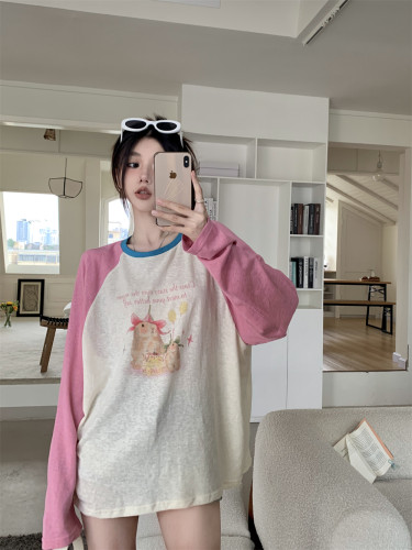 插肩袖圆领宽松套头防晒长袖T恤女夏季薄款慵懒休闲粉色罩衫上衣