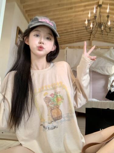 慵懒松弛圆领薄款罩衫长袖防晒T恤女早秋季显瘦百搭休闲宽松上衣