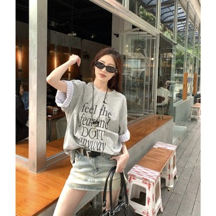 慵懒宽松休闲半袖 设计感小众条纹拼袖 韩版 T恤女夏季 体恤上衣 短袖