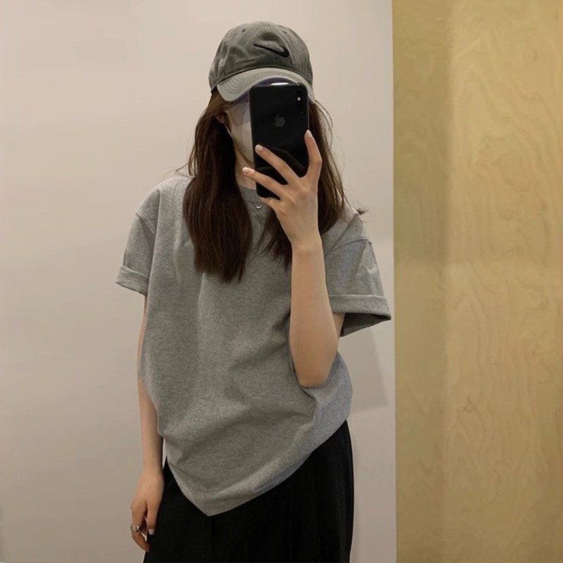 灰色纯棉正肩短袖t恤女夏季2025新款宽松休闲显瘦半袖体恤上衣