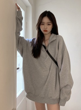 美式polo领翻领灰色卫衣女早秋季宽松慵懒风休闲百搭韩系秋装上衣