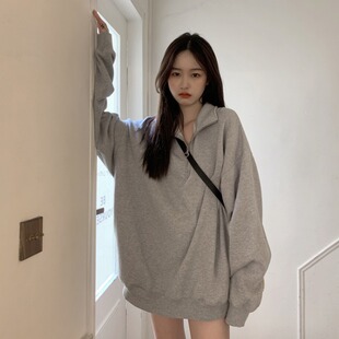 美式 宽松慵懒风休闲韩系上衣 polo领翻领灰色套头卫衣女2026春秋款