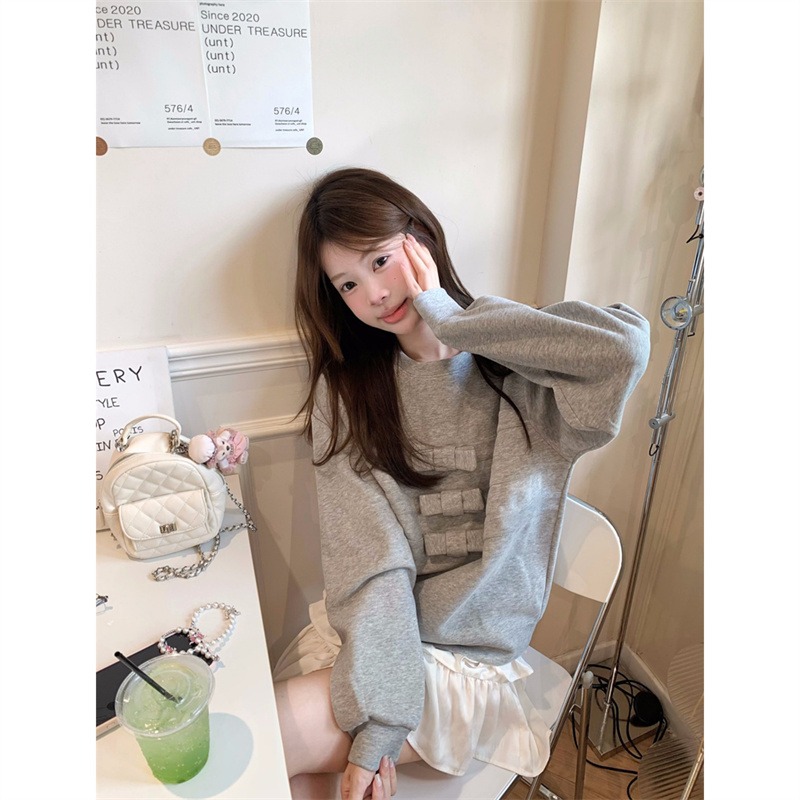设计感小众韩系蝴蝶结灰色卫衣女秋季2025新款宽松慵懒休闲上衣