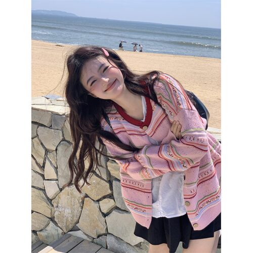慵懒宽松设计感镂空毛衣外套女秋冬季粉色提花韩系针织开衫上衣
