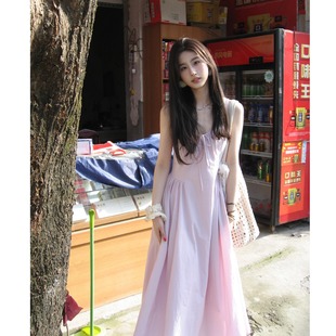 新款 宽松显瘦收腰长裙子 气质温柔风紫色吊带连衣裙女2026夏季 法式