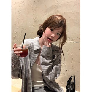 新款 女早春季 休闲宽松气质慵懒风衬衣上衣 高级蓝色条纹衬衫 法式