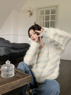 软糯慵懒风针织毛衣女秋冬2025新款 上衣 温柔韩系宽松套头条纹短款