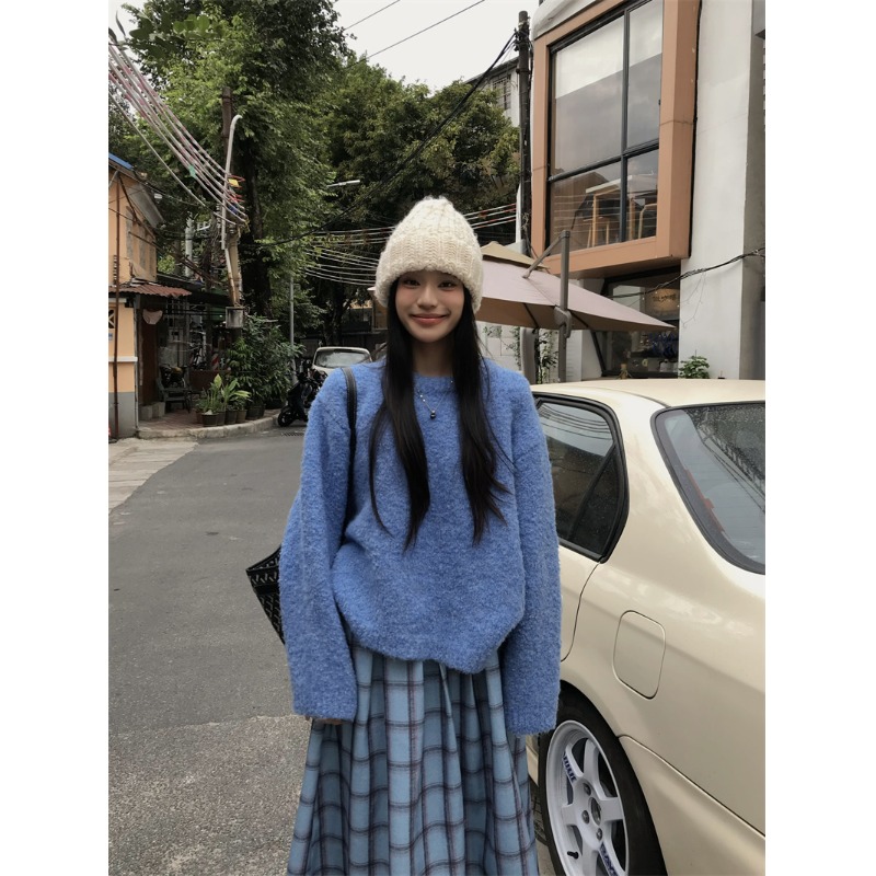 日系甜美韩系套头蓝色毛衣女秋冬穿搭慵懒高级宽松加厚针织衫上衣