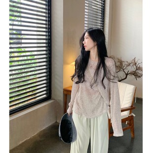 小众港风薄款冰丝长袖防晒T恤女夏季宽松休闲慵懒套头空调衫罩衫