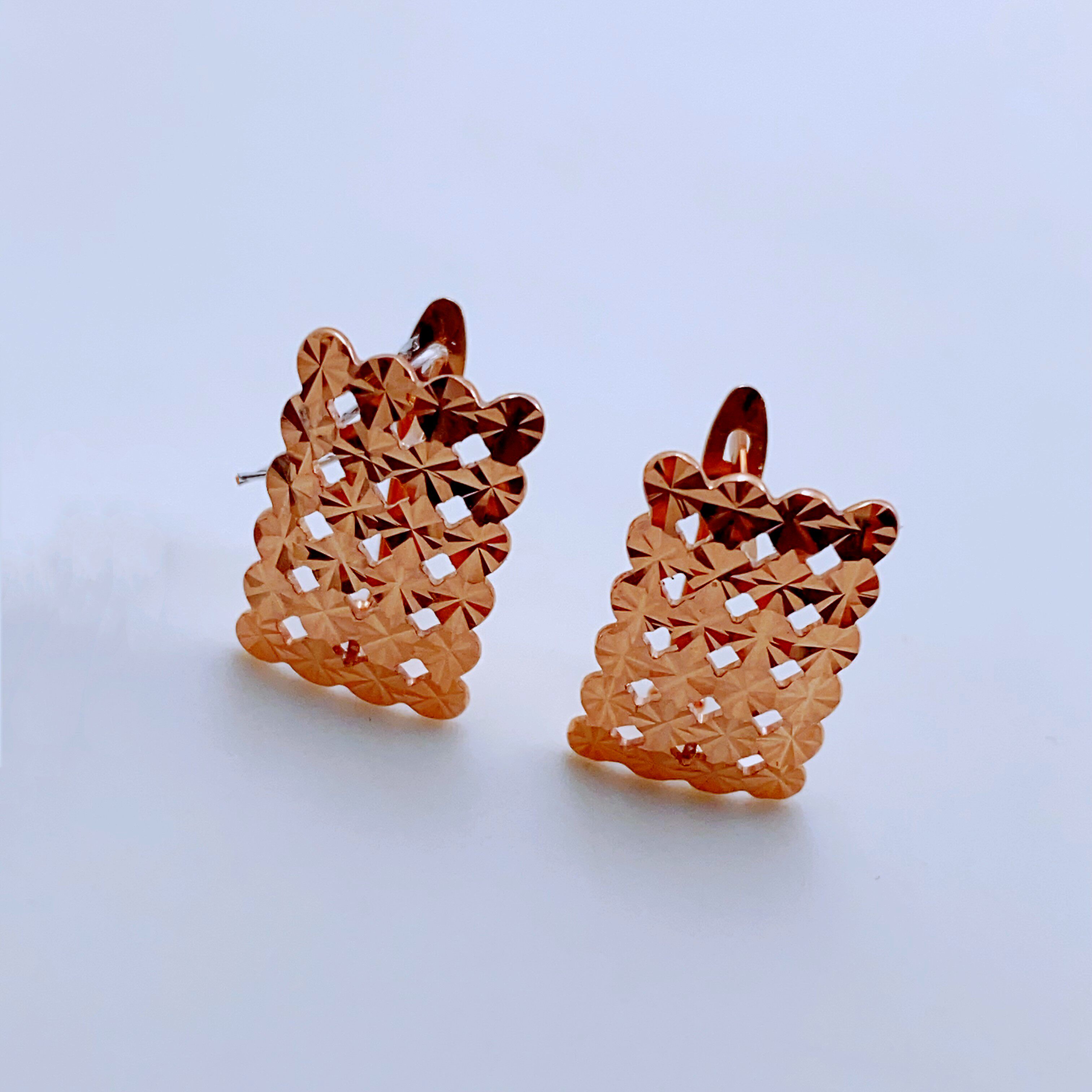 正品俄罗斯长方形镂空耳环女纯14K金彩金玫瑰金Au585