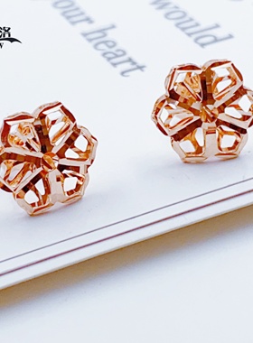 正品俄罗斯14K玫瑰金AU585爆闪镂空花朵耳钉女新款时尚闪亮紫金