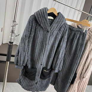 盟锐卡情侣款!厚实暖和!男士秋冬珊瑚绒两件套家居服中长款睡衣