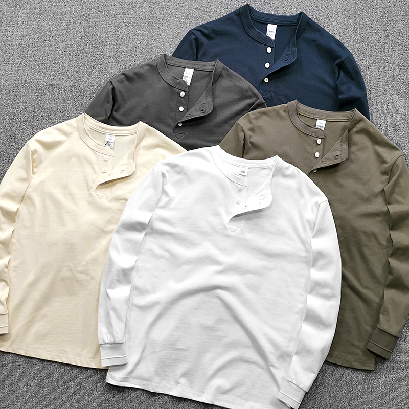 赢在面料上 300g纯棉/三本针做工 亨利领男士长袖T恤休闲打底衫秋