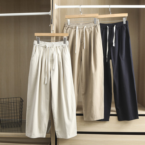 风靡款！宽松版！全棉纱卡！日系男士复古松紧腰百搭纯色休闲裤潮
