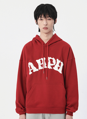 AHPH秋冬潮发泡字母印花连帽卫衣加绒新年红色套头情侣装上衣男女