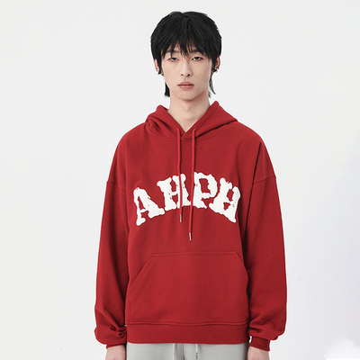 AHPH发泡字母酒红色连帽卫衣加绒