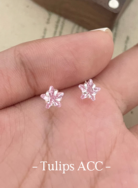 S999纯银粉色星星耳钉女轻奢高级感养耳洞耳骨钉免摘气质百搭耳饰