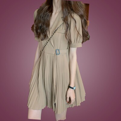 胖mm遮肚子连衣裙v领收腰西装